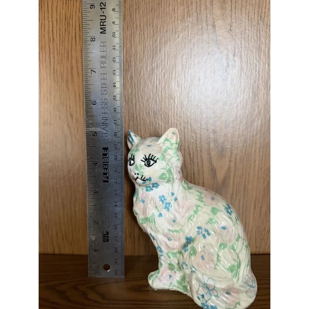 Vintage Floral Chintz Ceramic Cat Figurine Retro Kitsch Calico Kitty